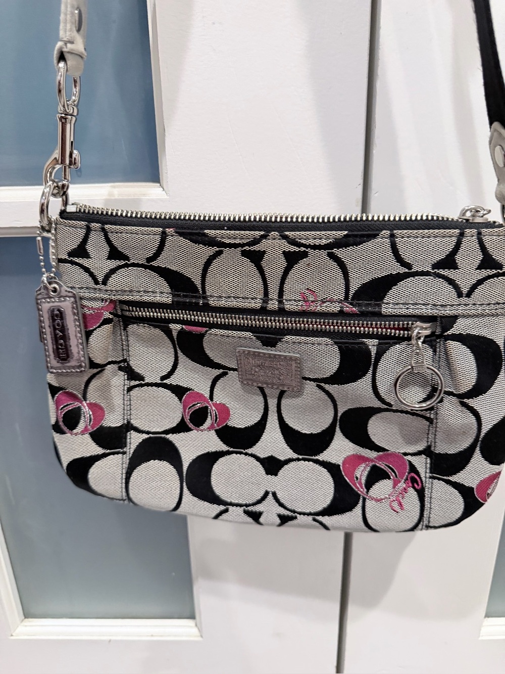 Coach Poppy Heart Signaturee Glam Black, Grey & Pink Canvas Crossbody Bag